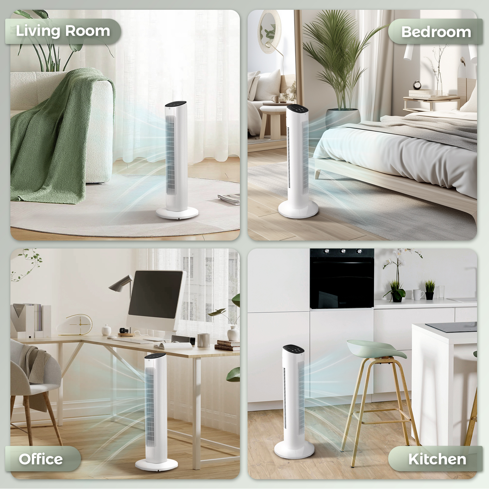 KISSAIR 35" Tower Fan Portable Floor Fans with Remote Control & 12H Timer 3 Speeds Wind 3 Modes , White