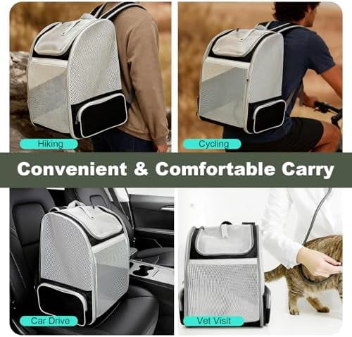 Backpack to Carry Cat and Small Puppy up to 16 Pounds, Breathable Pet Carrier to Transport Kitten Rabbit to Vet Visit Bag, Airline Approved Collapsible Expandable Black