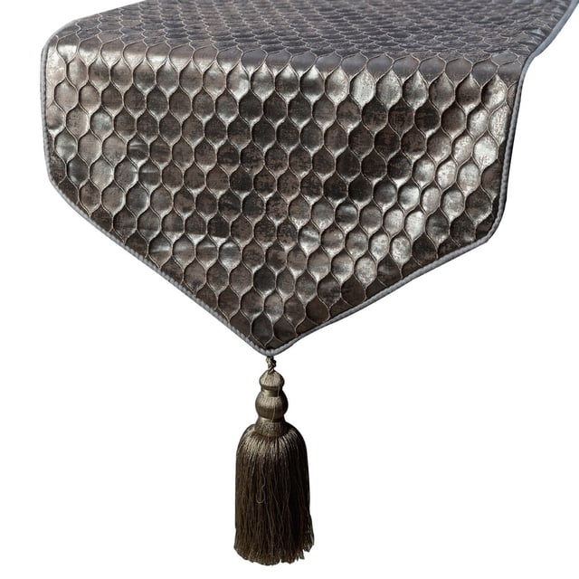 The HomeCentric Decorative Table Runner 16 x 120 Inch Foil & Beehive with Tassels, Silver, Satin Fabric, Geometric Pattern, Modern, Table Runner