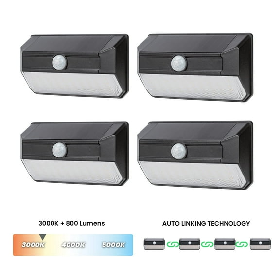 Mesh Linkable Series 4-Pack Solar SMD LED Security Wall Pack Light, 800LM, Auto-linking, 120°x26 ft Motion Detection, 3000K, Customizable 4-Channel Settings, Black
