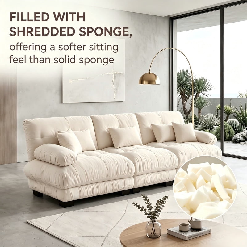 ANPPORT Cloud Couch Sleeper Sofa, Chenille Light Coffee 3-Seater Modular Sofa, 3 Lumbar pillows, 2 Pillows, Comfy Deep Seat Cloud Sofa, Convertible L-Shaped Floor Couch for Living Room