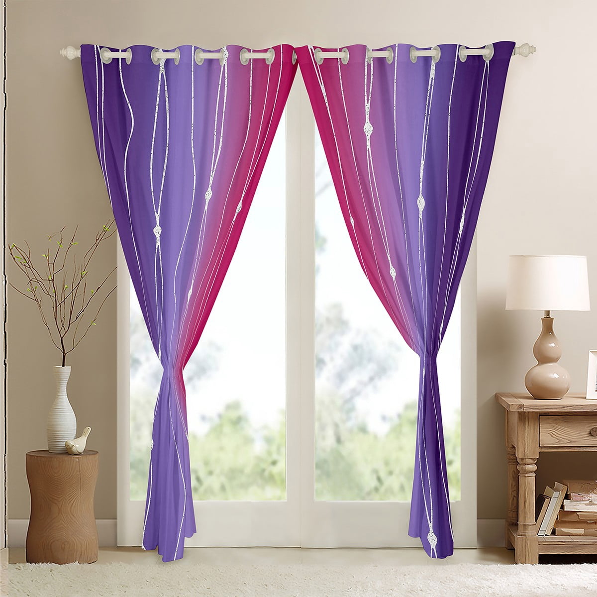 Erosebridal Purple and Pink Blackout Curtains Gradient Ombre Curtains, Wave Lines Dots Curtains & Drapes Aesthetic Geometry Window Curtains Modern Abstract Living Room Curtains Room Decor