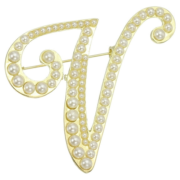 Uxcell Letter Brooch Pins, Pearl Initial Rhinestone Alphabet V Letter Lapel Badges Pin for Women, Gold Tone