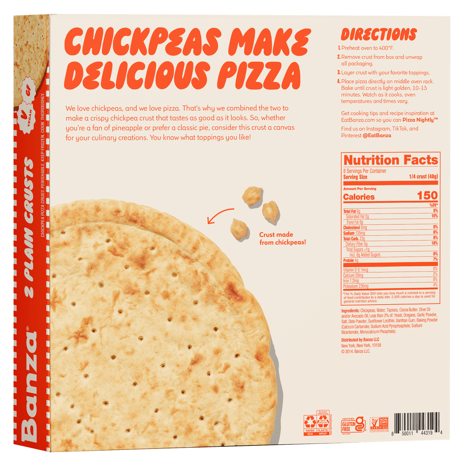 Banza Plain Crust Pizzas from Chickpeas - High Protein, Gluten Free, Low Carb Frozen Crusts, 13.4oz