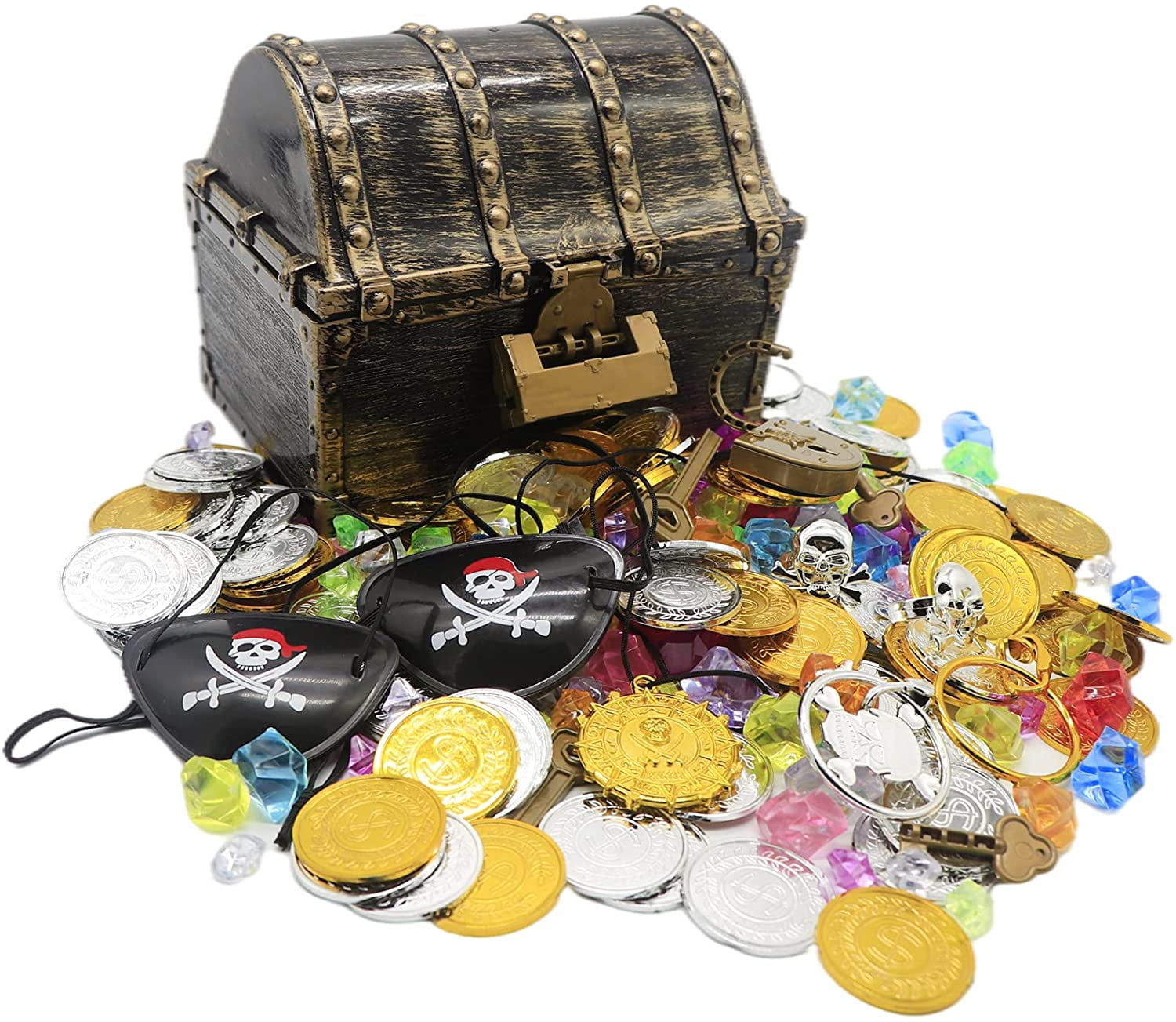 Mini Transparent Gold Pirate Treasure Chest, Treasure Hunt toy Set  Accessories with Lock, 3 Medals, 5 Rings, 2 Earrings, 100 Thumb Colorful  Coins, 100