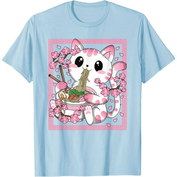 Pink Kawaii Cat Ramen Noodles Anime Japanese Cherry Blossom Unisex T-Shirt for Men Women Kids Toddler