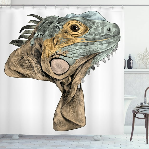 Iguana Shower Curtain, Sketch Animal Portrait from Lizard Family with Flappy Neck Realistic, Fabric Bathroom Set with Hooks, 69W X 70L Inches, Pale Brown Pale Sage Green, by Ambesonne