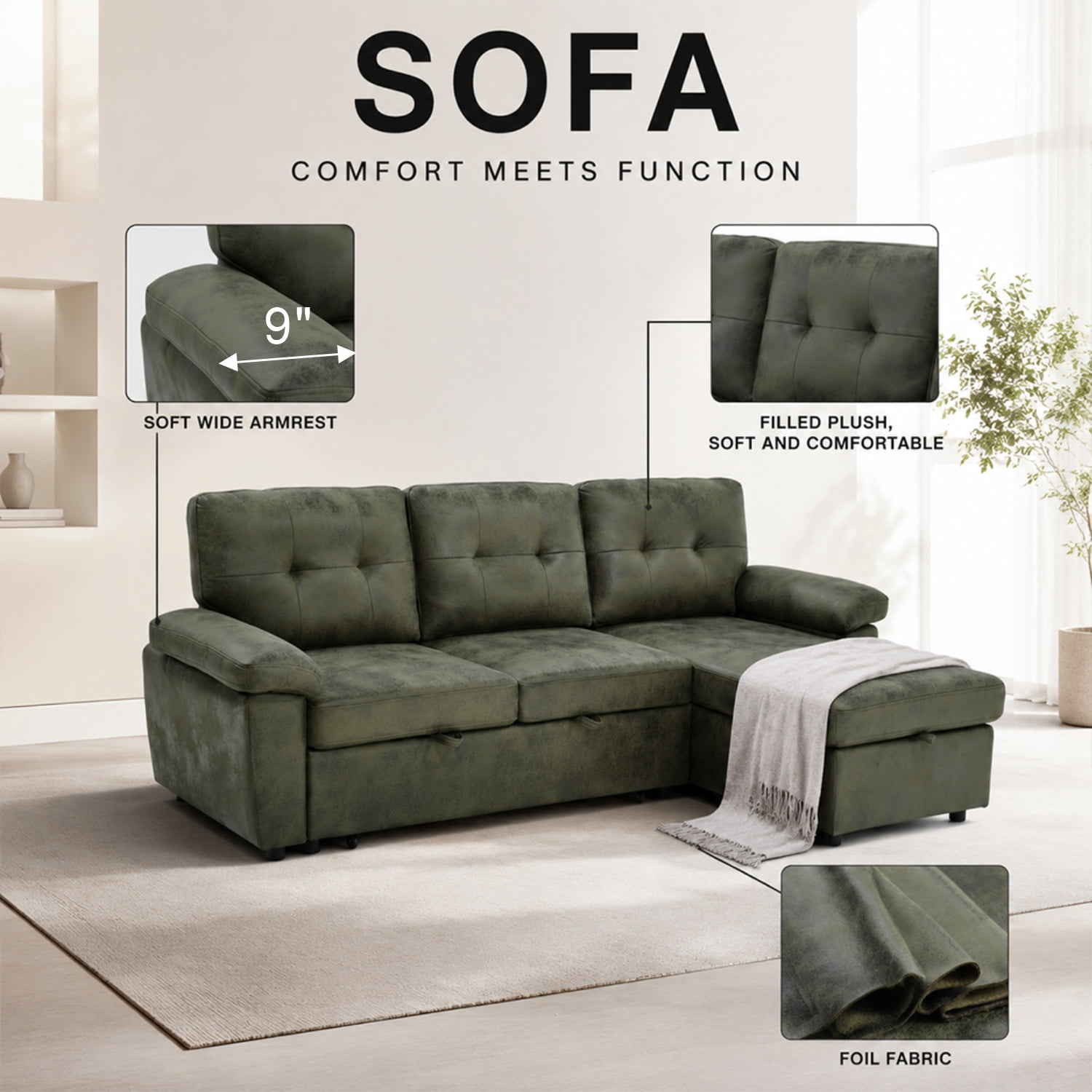 Garitin Sectional Sofa Bed and L Shaped Convertible Couch 88.5 Inch, Pull Out Sleeper with Storage Chaise for Living Room, Olive Green