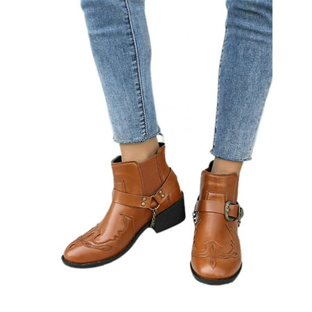 

Shakub Womens Winter Retro Buckle Ankle Booties Pointed Toe Casual Martin Boots Block Heel Shoes
