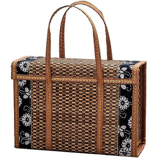 Picnic Woven Basket Wicker Storage Bag Handle Folded Fruit Shopping Food Handle Rattan Grass Foldabl