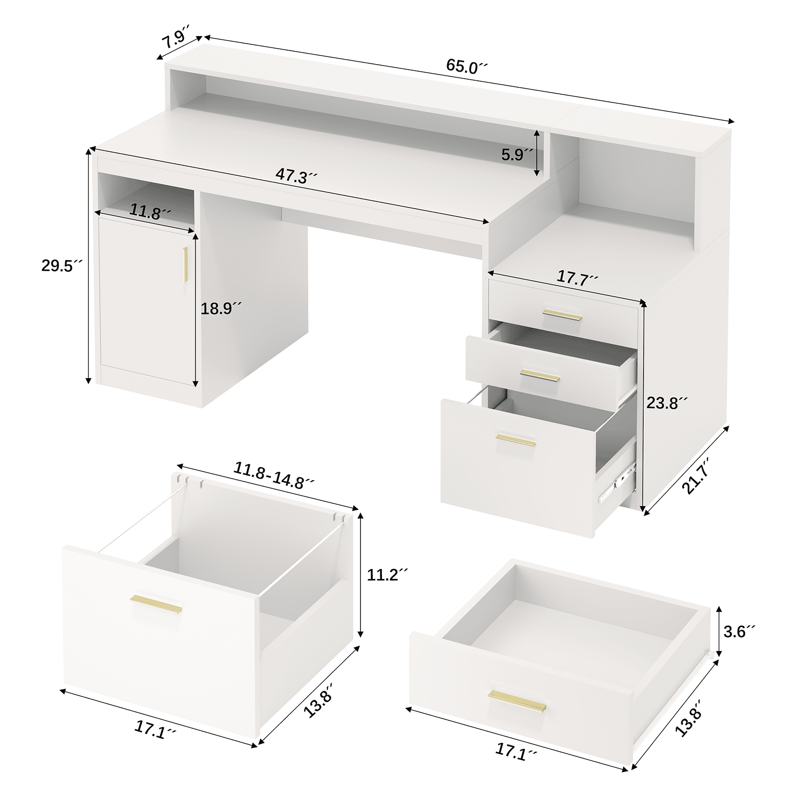 Computer Desk with 3 Drawer & Storage Shelves, Home Office Desk with File Drawer & Cabinet, Writing Study Table with Long Monitor Stand & Printer Shelf, Executive Desk, White