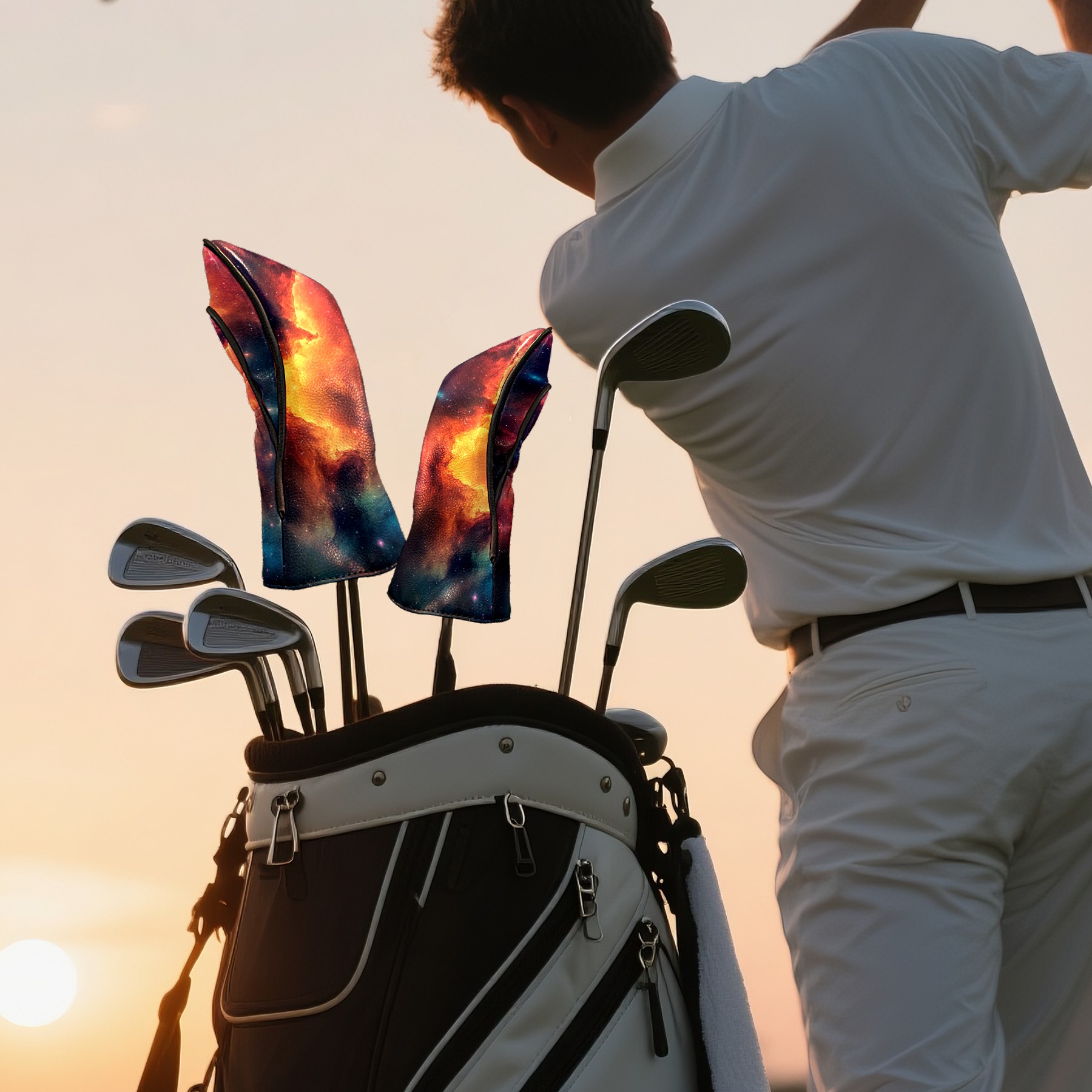 Golf Club Head Covers - Aurora Design, PU Leather, Waterproof, Fits Fairway Woods/Hybrid, Unisex, Fits Most Brands