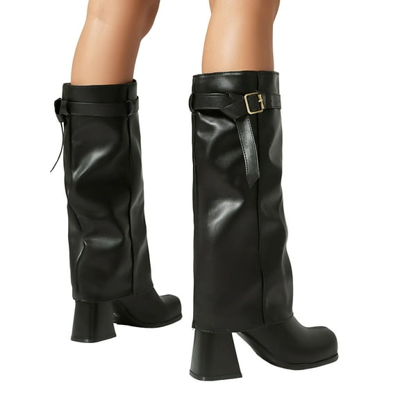Rokment Womens Slouchy Wide Calf Fold over Knee High Boots Winter Fall Fashion Square Toe Chunky Heel Mid Calf Foldover Tall Boots