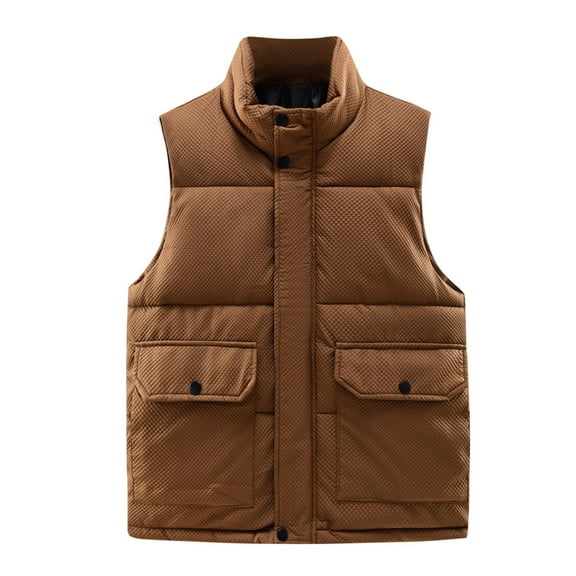 Tawop Mens Coats Vest Stand Collar Cotton Sleeveless Hoodless Pockets Casual Solid Mens Gift,Coffee,2XL