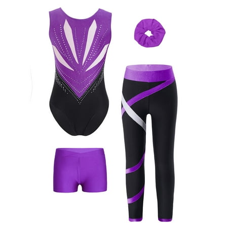 Sinleey Kids Girls 4 Piece Gymnastic Leotard Outfits Ballet Dance Unitards with Shorts Leggings and Hair Tie Set Purple 16