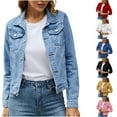 thumbnail image 1 of BiZtdJrK Women Denim Jacket Lapel Long Sleeves Button Down Cardigan Fashion Open Front Jean Jackets with Chest Pockets Light Blue S, 1 of 6