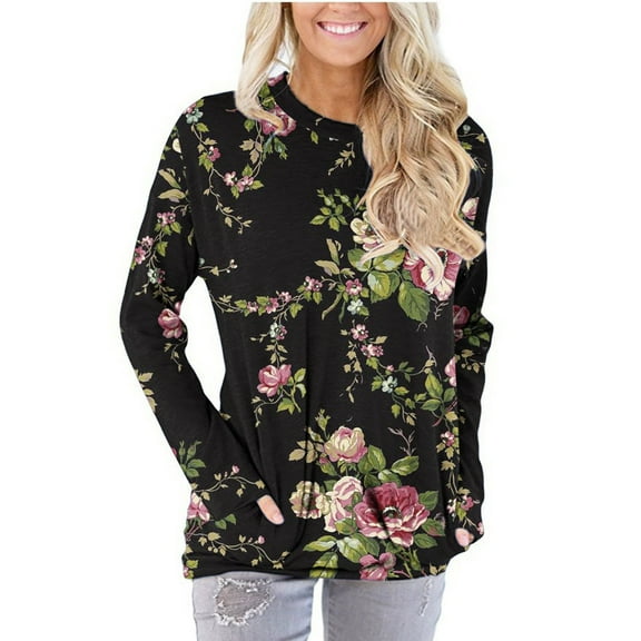 Long Sleeve Pullover for Women Round Neck Floral Printed Tops 2024 Fashion Loose Casual Blouse