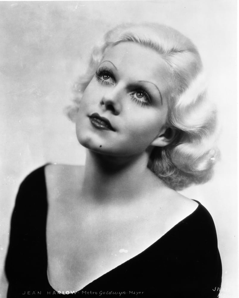 Jean Harlow Portrait in Black Deep V-Neck Long Sleeve Shoulder Dress ...