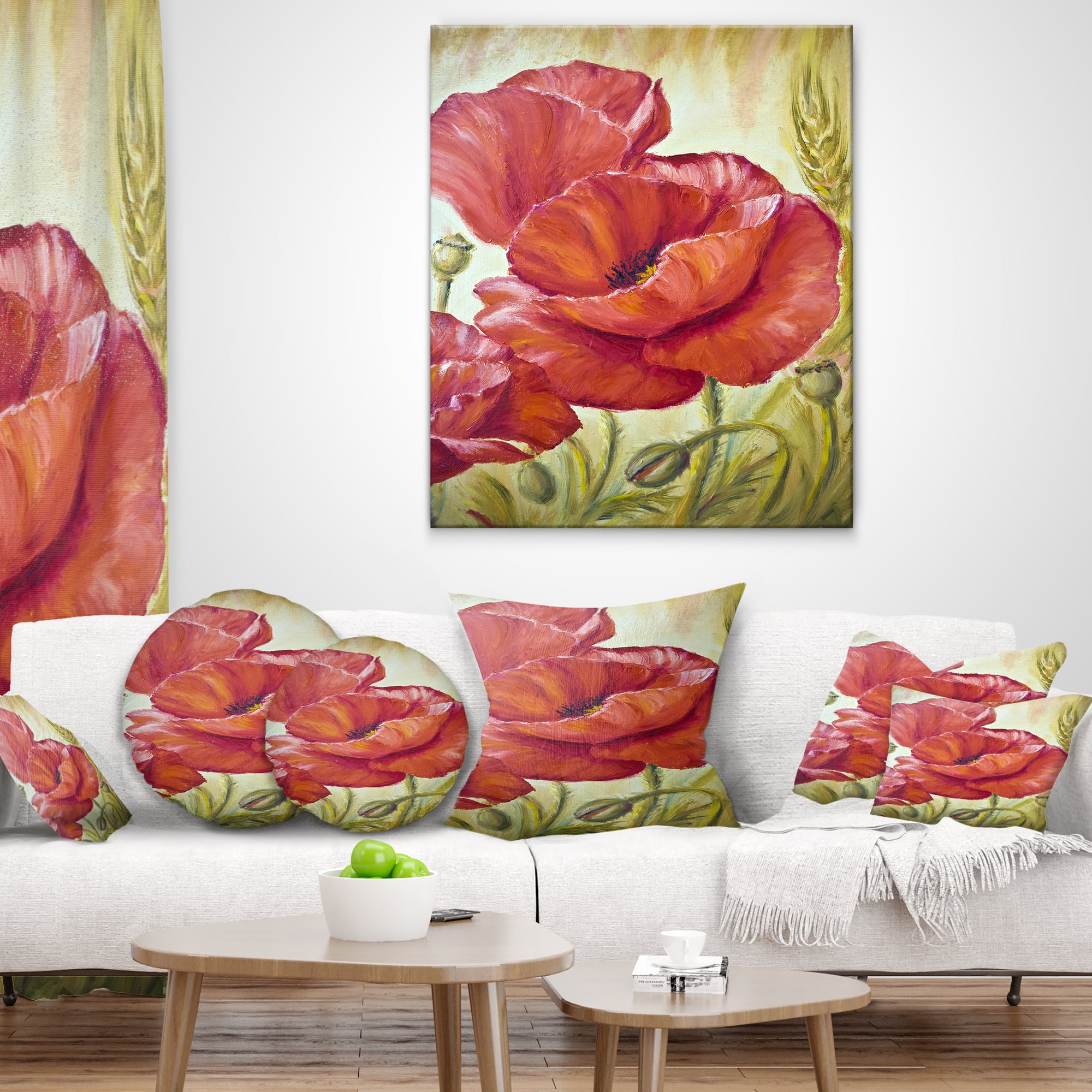 Designart Poppies in Wheat - Floral Throw Pillow - 18x18