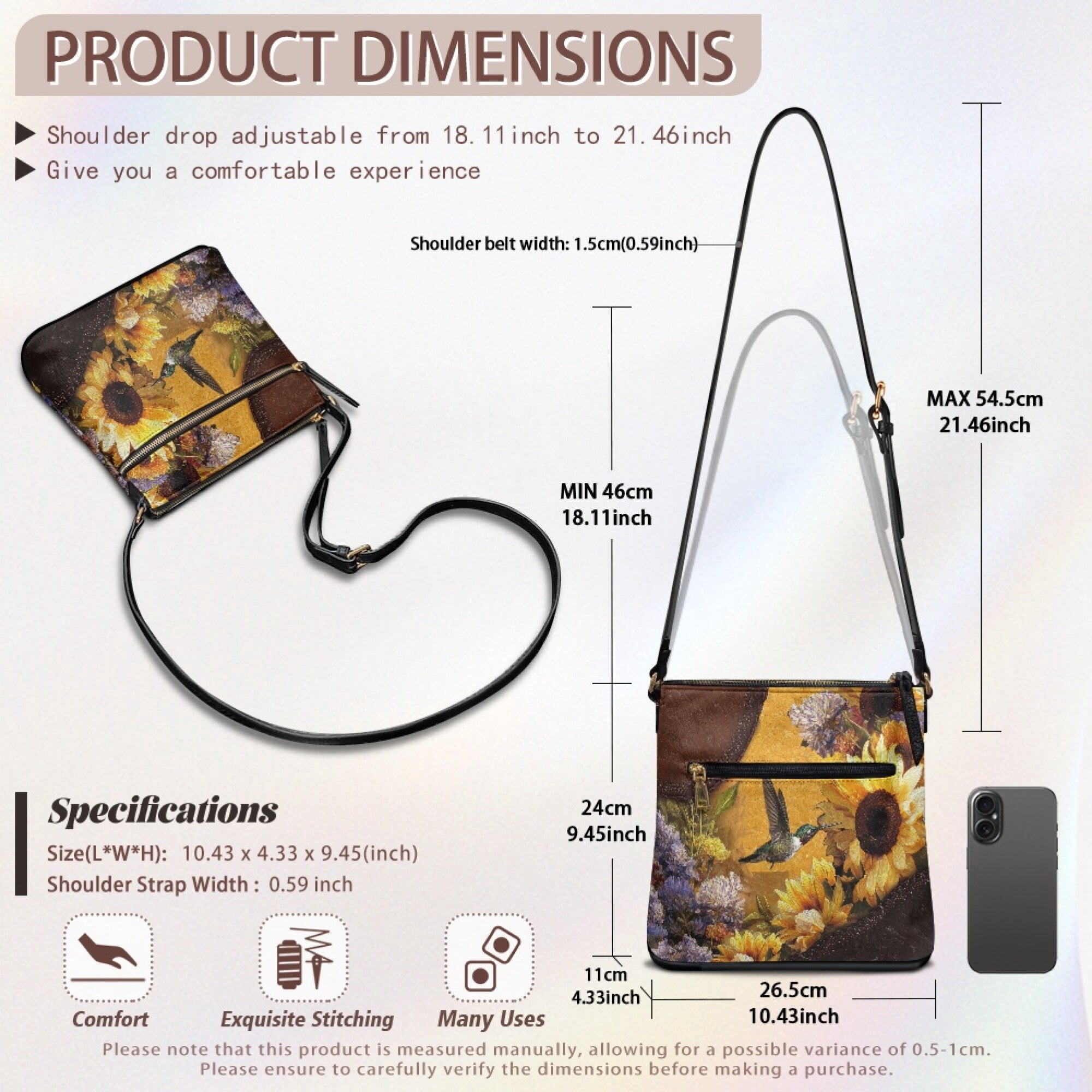 LedBack Hummingbird Sunflower Print Leather Satchel Handbag Hobo Bag with Adjustable Strap, Crossbody Purse for Women Ladies Sling Shoulder Purse for Travel, Brown and Yellow