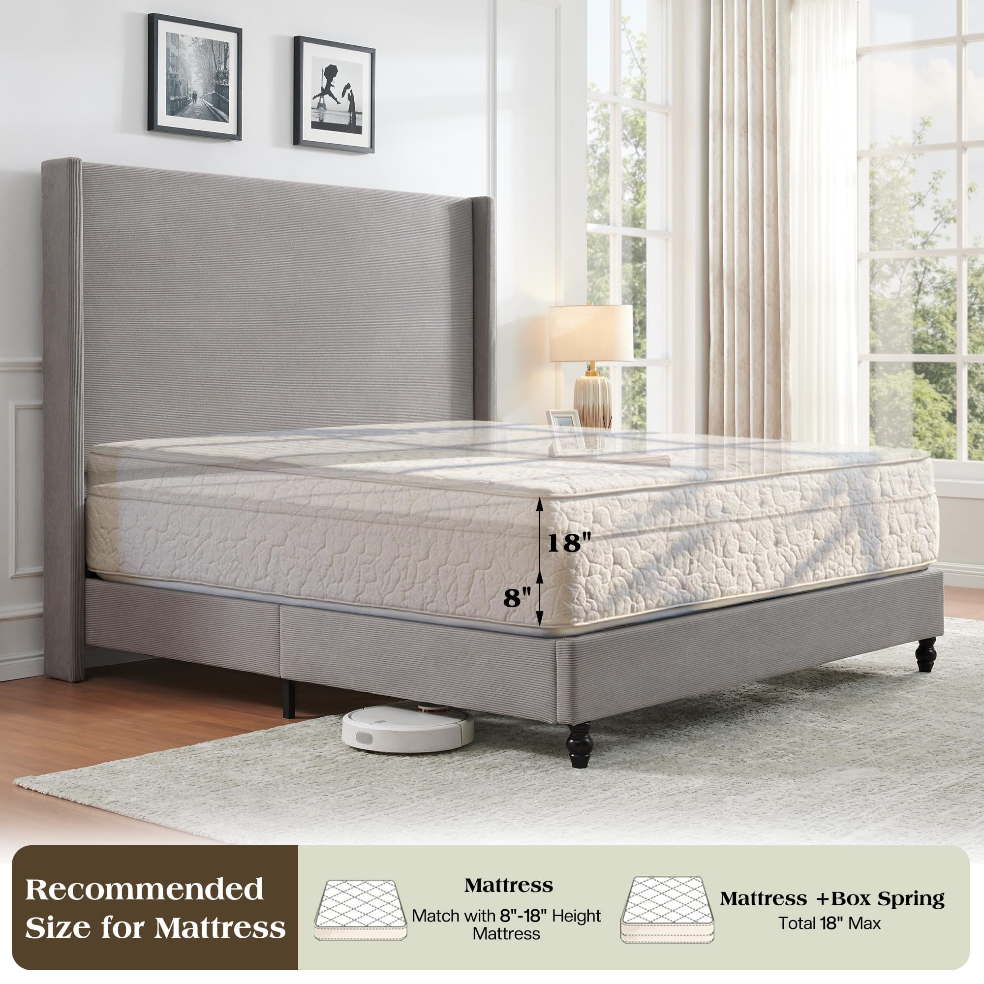VanAcc King Bed Frame with 65" Tall Headboard, Horizontal Fine Corduroy Bed Frame with Upholstered Wingback, Vintage Solid Wood Gourd Legs, Grey