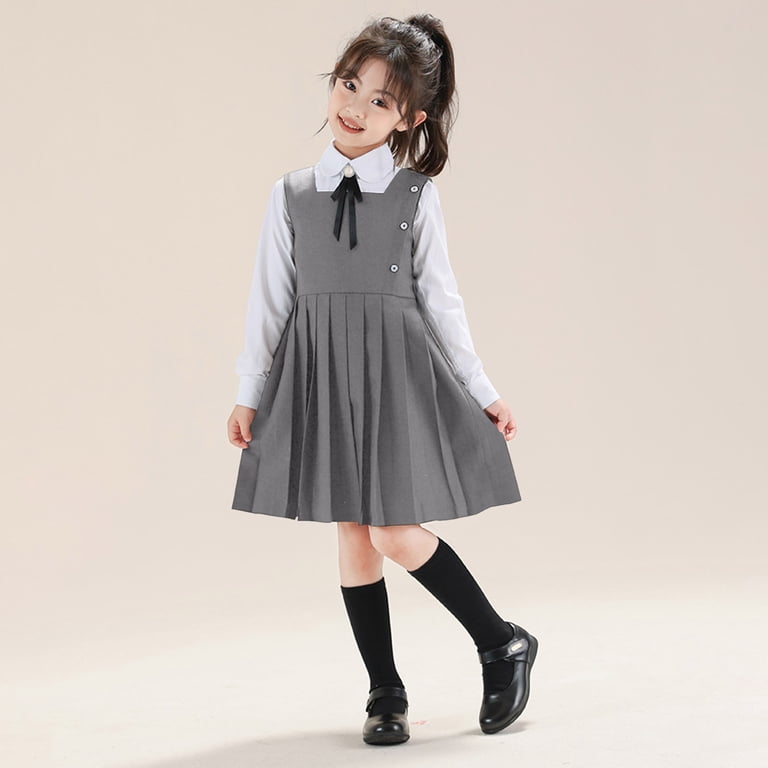 mgoYE Girls Dress Easter Dress Girls School Dress Cute Knee Length Sleeveless Jumper Dress for Kids(Grey,8-10 Years)