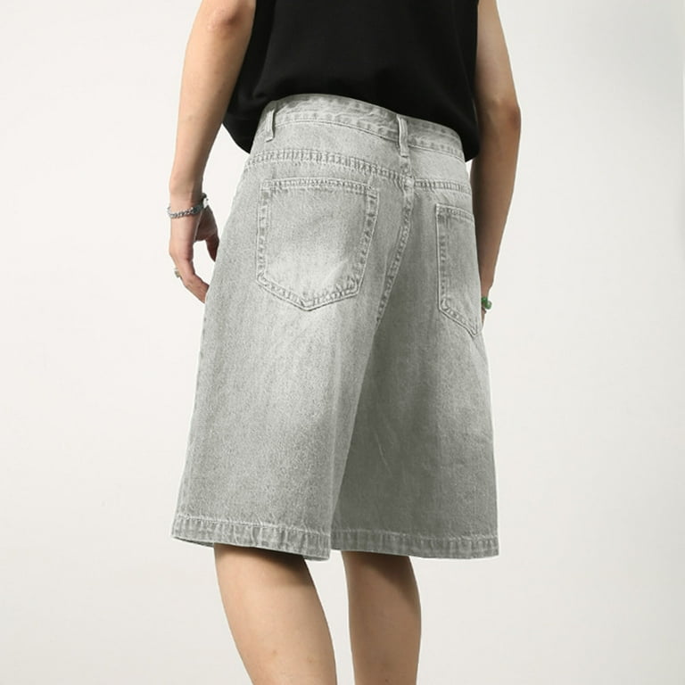 LIIPEE Men Jean Shorts Retro Baggy High Waist Button Zip Up