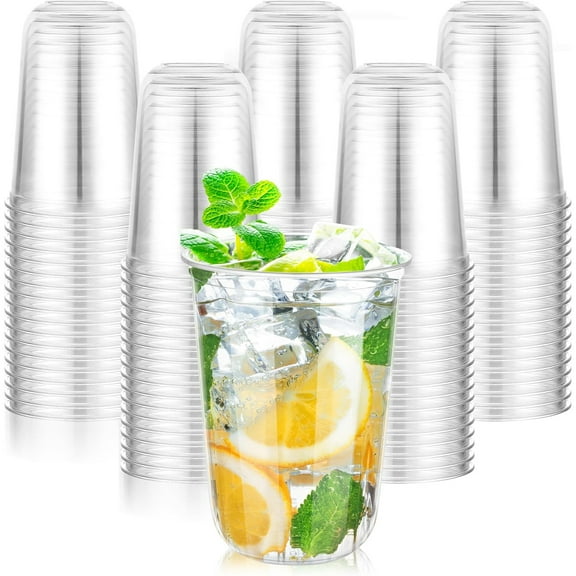 100 Pcs 16oz Clear Plastic Cups Disposable Wine Cups Round Bottom Stemless Disposable Wine Glasses for Cocktails Birthdays Weddings Party Supplies