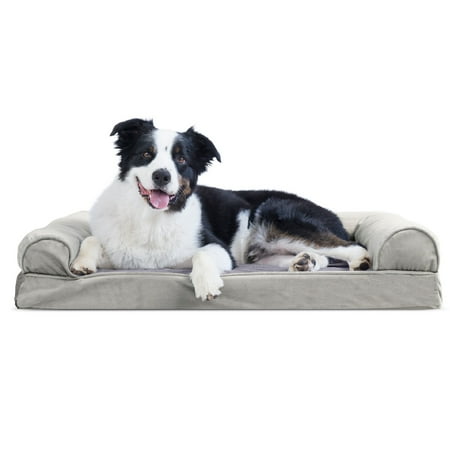 UPC: 0842229106824 | FurHaven Pet Products Faux Fur & Velvet Cooling Gel Memory Foam Sofa-Style Pet Bed for Dogs & Cats – Smoke Gray Large