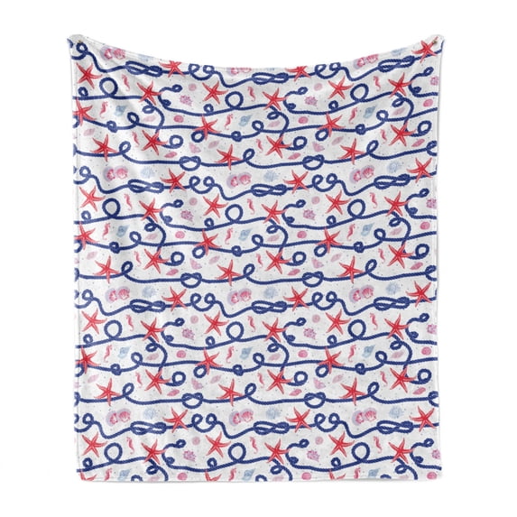 Starfish Soft Flannel Fleece Throw Blanket, Nautical Pattern with Navy Marine Rope Red Starfish Shells Scallops Seahorses, Cozy Plush for Indoor and Outdoor Use, 70" x 90", Multicolor, by Ambesonne