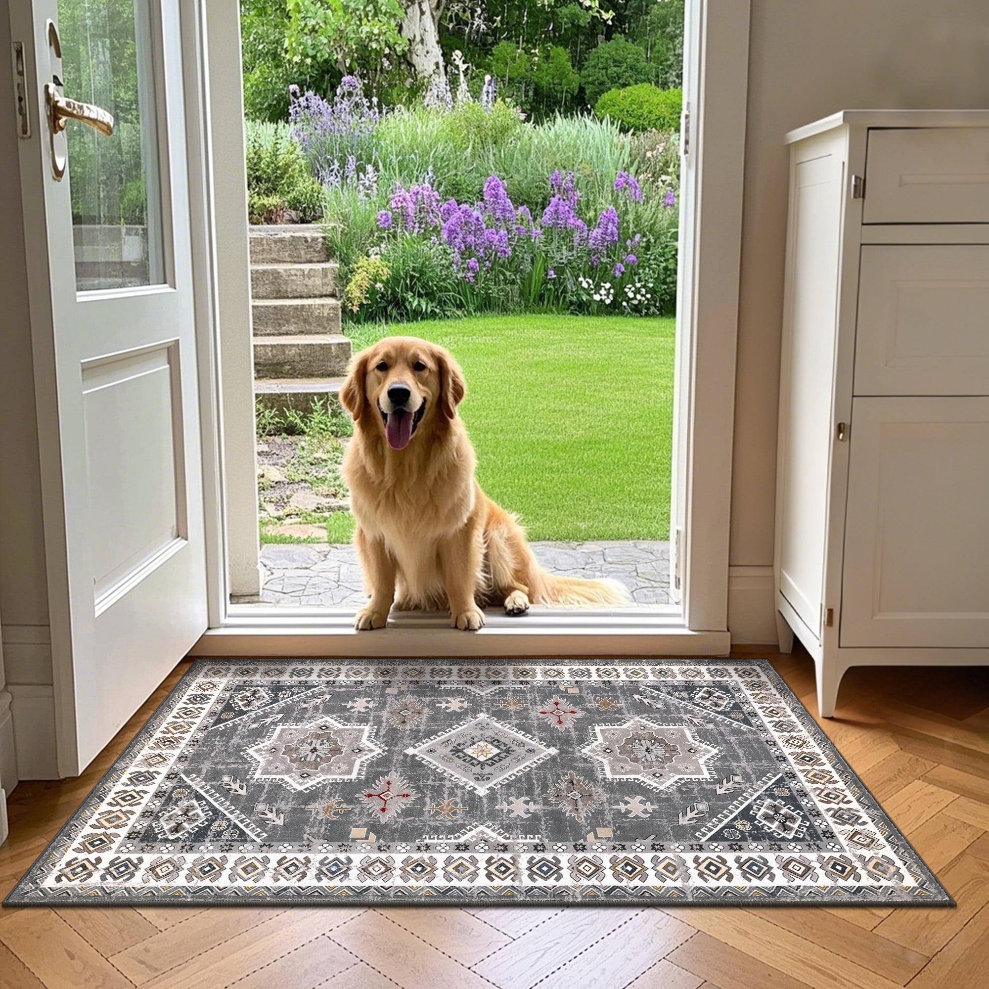 MeyJey Oriental Indoor Area Rug 3'x5' Non-Slip Machine Washable Vintage Distressed Floor Carpet for Living Room Bedroom Dining Kitchen Hallway, Gray/Brown