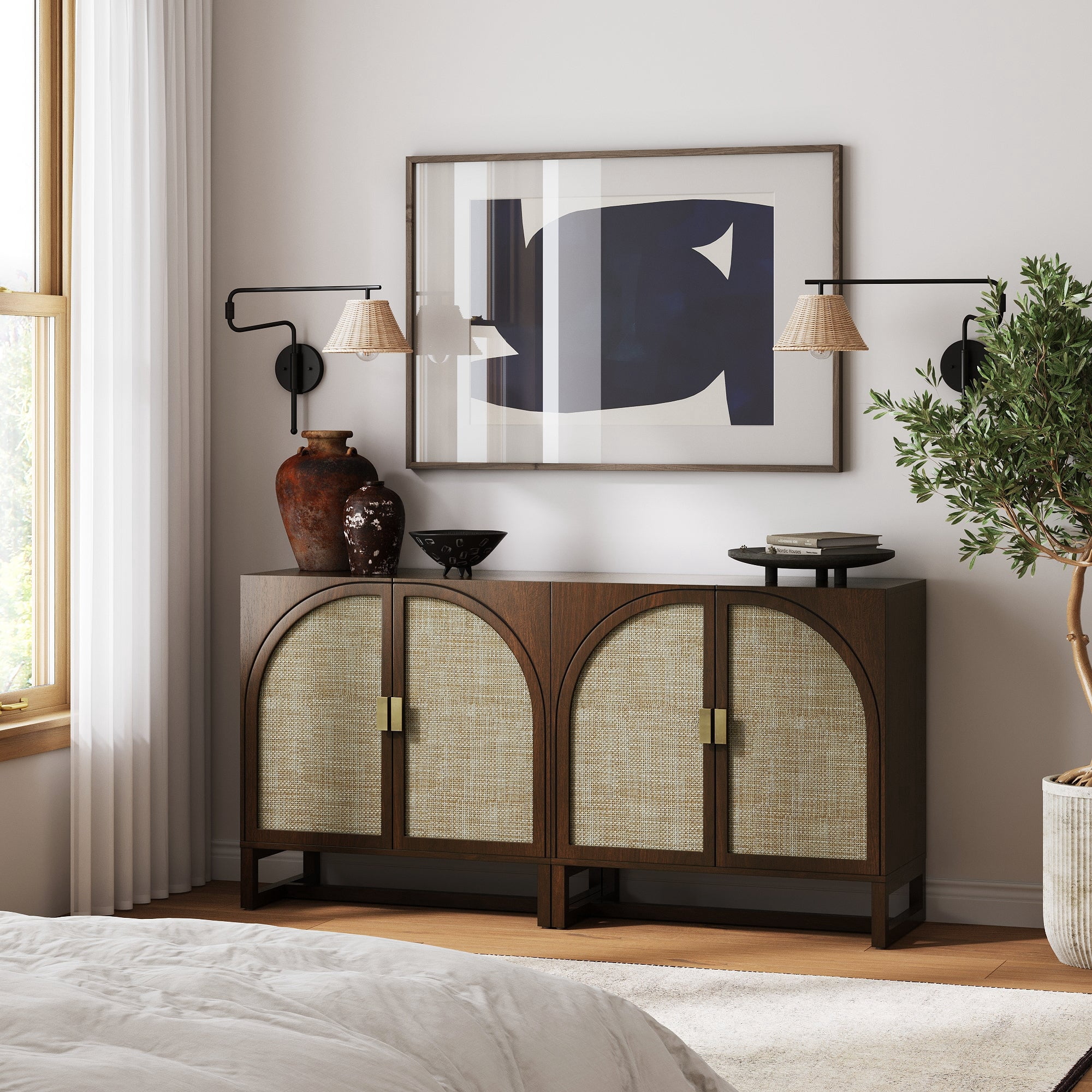 Nathan James Paxton Boho Wood Storage Cabinet with Doors, Small Storage Cabinet for Living Room or Kitchen with Rattan Door Details, Dark Walnut