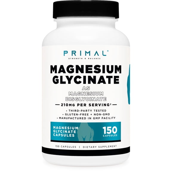 Primal Magnesium Glycinate Supplement (210mg) 150 Capsules - Gluten-Free, GMO-Free, 50 Servings