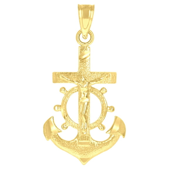 10k Yellow Gold Mens Mariner Anchor Crucifix Cross Religious Charm Pendant Pendant Necklace for Men