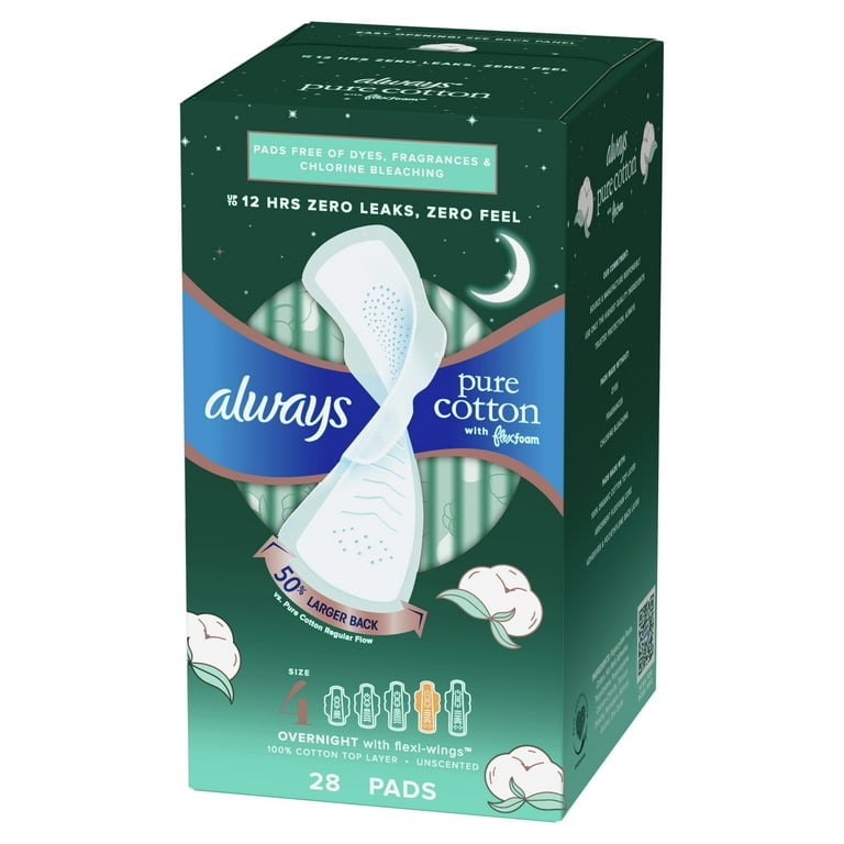 Always Pure Cotton, Feminine Pads For Women, Size 1 Regular Absorbency,  Multipack, With Flexfoam, With Wings, Unscented, 28 Count x 3 Packs (84  Count
