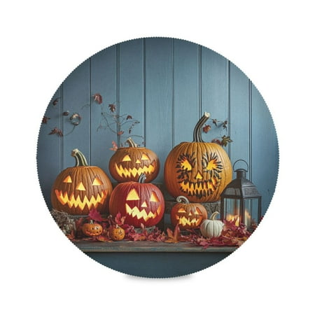 

WOBOGO Pumpkins with Different Face Round Placemats Set of 1 Heat Resistant Washable Kitchen Table Decorations 15.4in