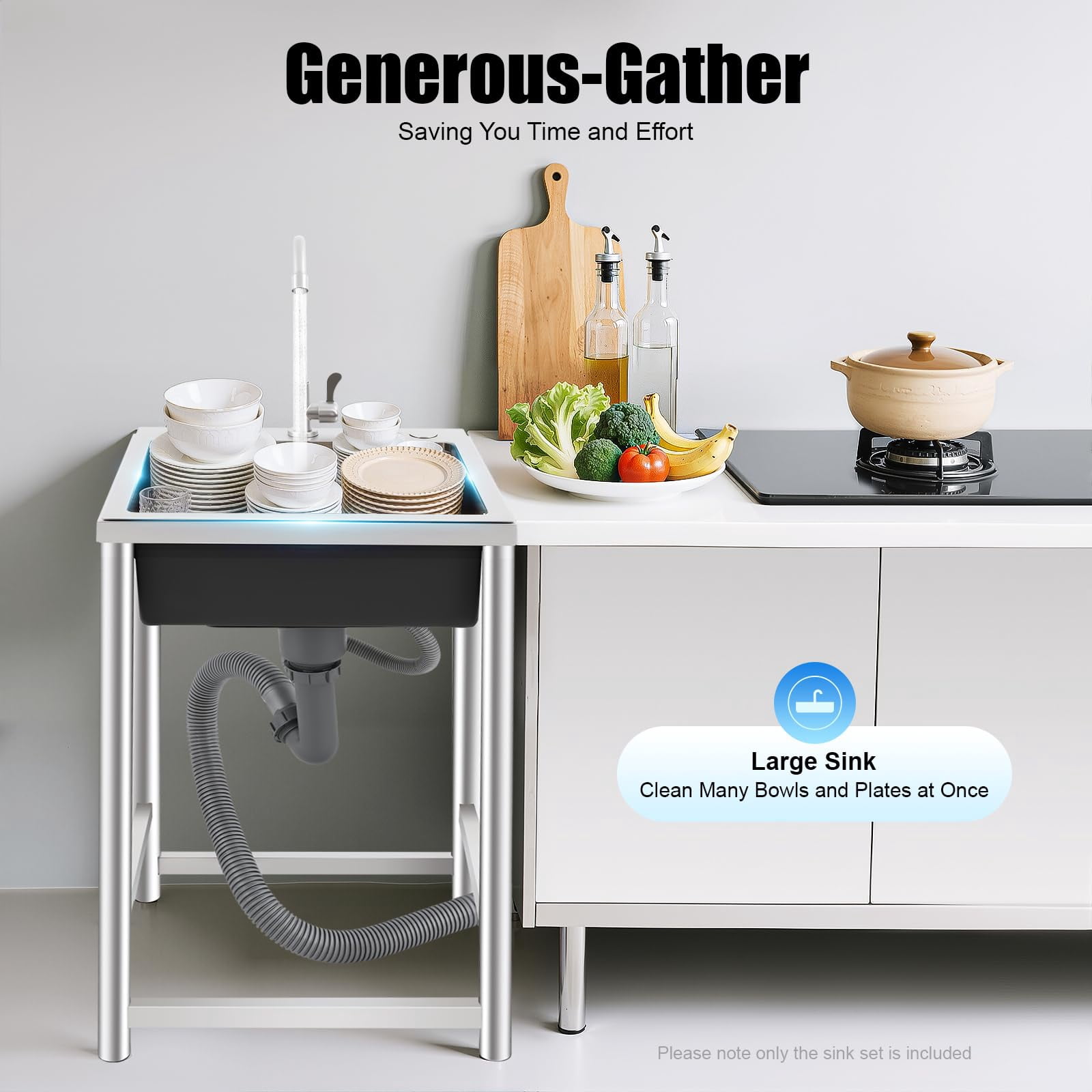Miumaeov Portable Sink Free Standing, Stainless Steel Utility Sink Single Bowl, Small Utility Sink with 360° Faucet, Outdoor Sink for Garage Laundry, Camping Sink Alternative for Home