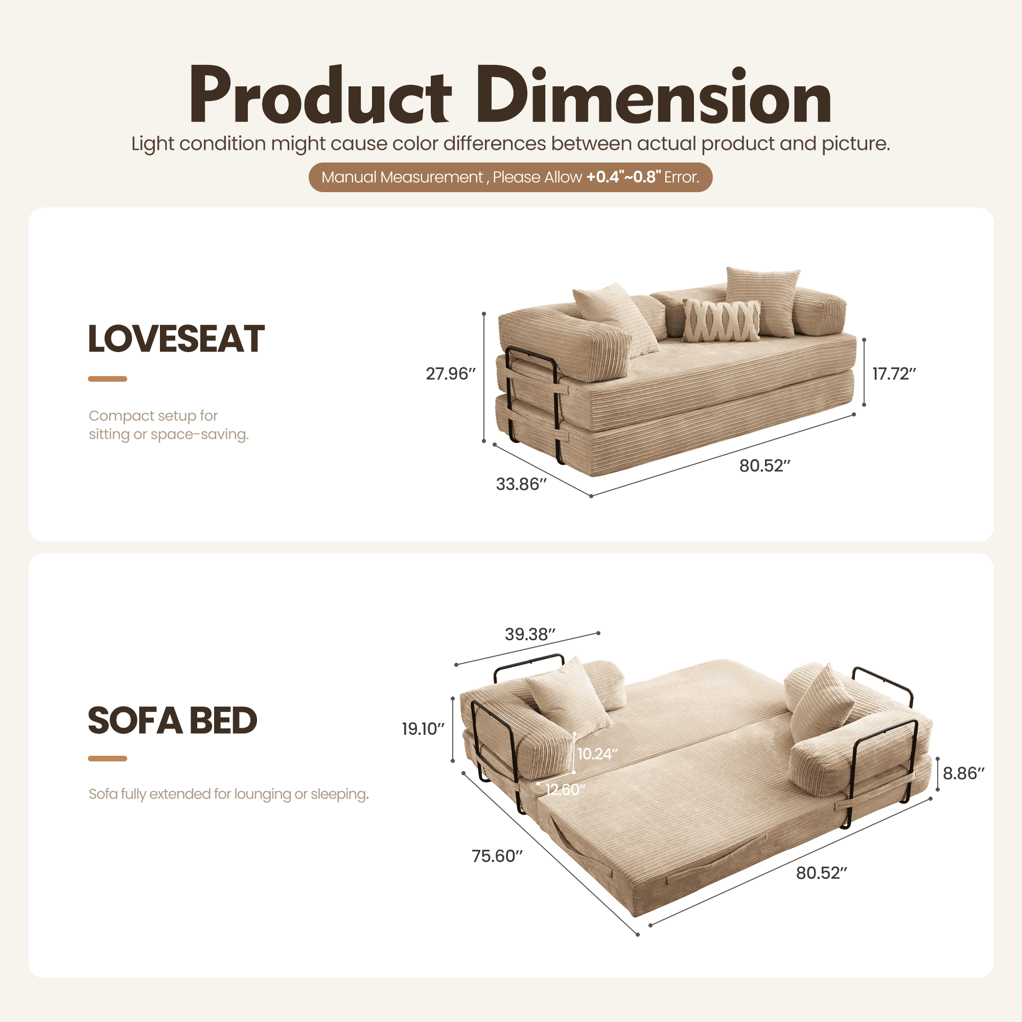 Toject 81" Convertible Sleeper Sofa Bed, Cloud Corduroy Floor Couch with Pillow, Comfy Foldable Couch Sofa Bed for Living Room, Bedroom, Beige