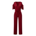 thumbnail image 3 of Women's Casual V-neck Drop-shoulder Short-sleeved High-waist Belted Wide-leg Pants Jumpsuit, Short Sleeve V-Neck Weekend Drop Waist Leisure Women's Jumpsuit Red, 3 of 8