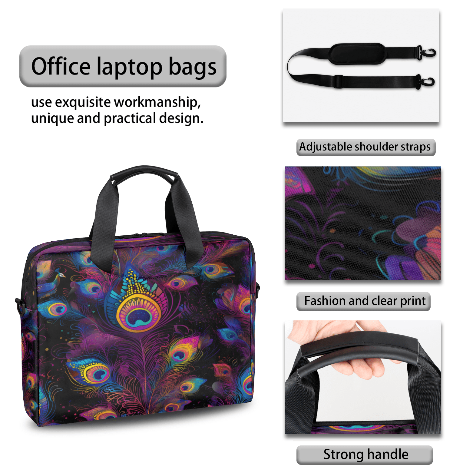 Herdesigns Watercolor Peacock Feather Laptop Bag for Women Men, Computer Case Briefcase Messenger Bags, 15-15.6 inch Laptop Sleeve Shoulder Bag
