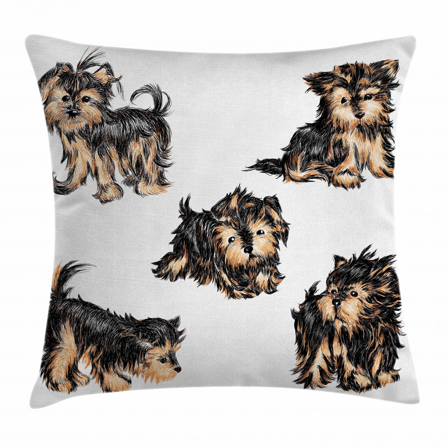 Yorkie Throw Pillow Cushion Cover, Hand Drawn Cute Yorkies Realistic