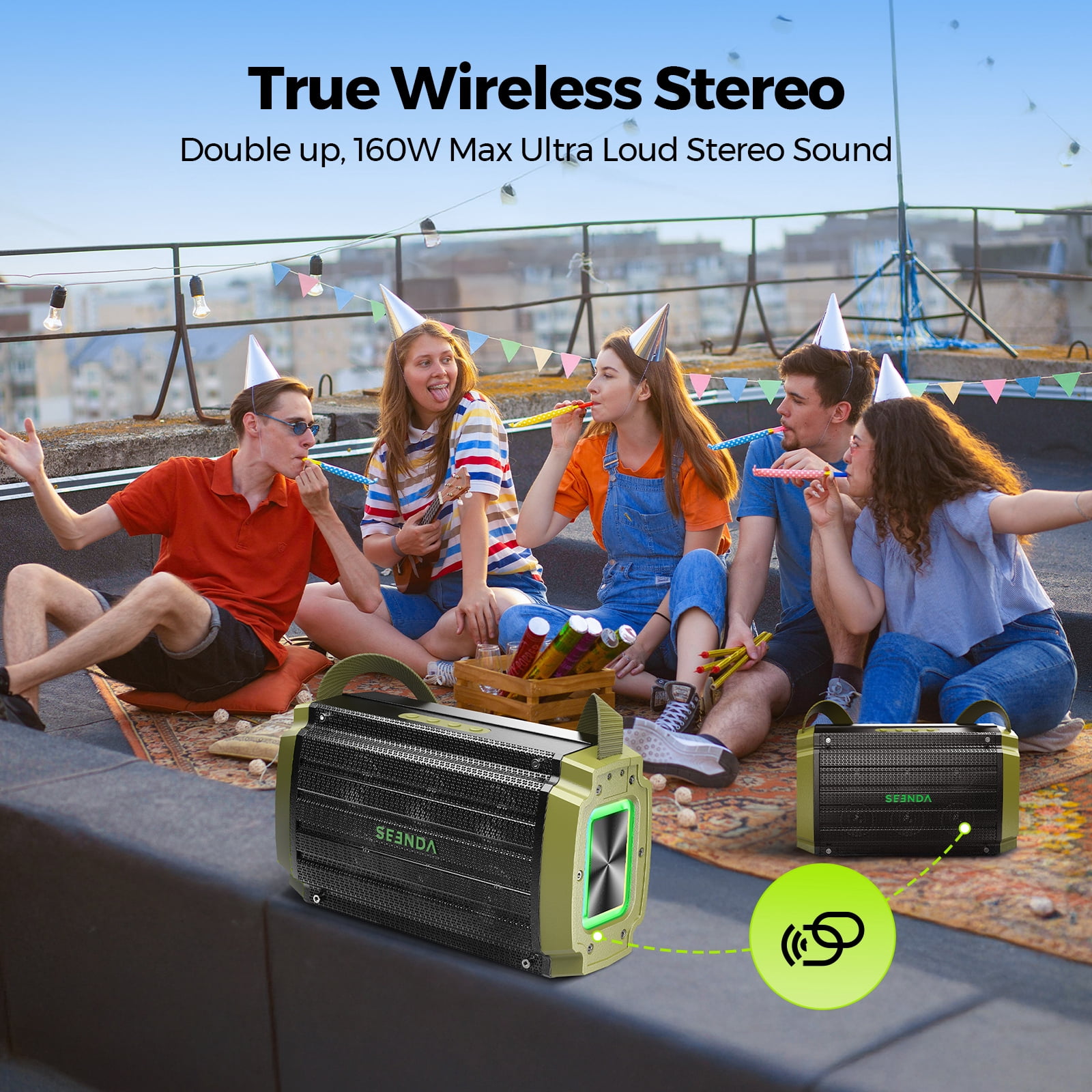 Seenda Bluetooth Speaker, 80W, Subwoofer, RGB Lights, 10H Playtime, IPX6 Waterproof Portable Wireless Speaker with Handle for Outdoors, Camping, Beach