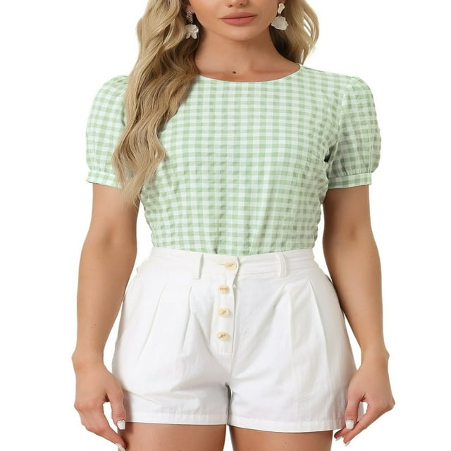 CHUANK Costume d'Halloween pour Femmes, Blouse d'Été à Carreaux, Col Rond, Manches Courtes Bouffantes