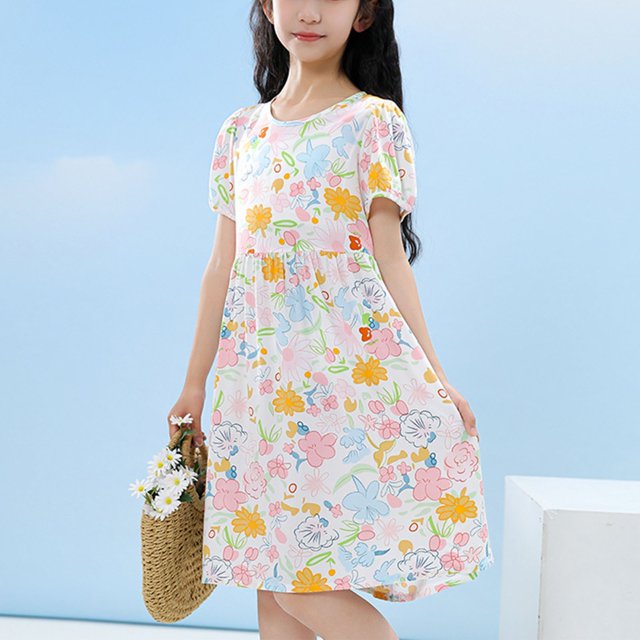 LOVZFMLL Robe d'Été à Manches Courtes pour Filles Col Rond Respirante Robe Princesse à Fleurs