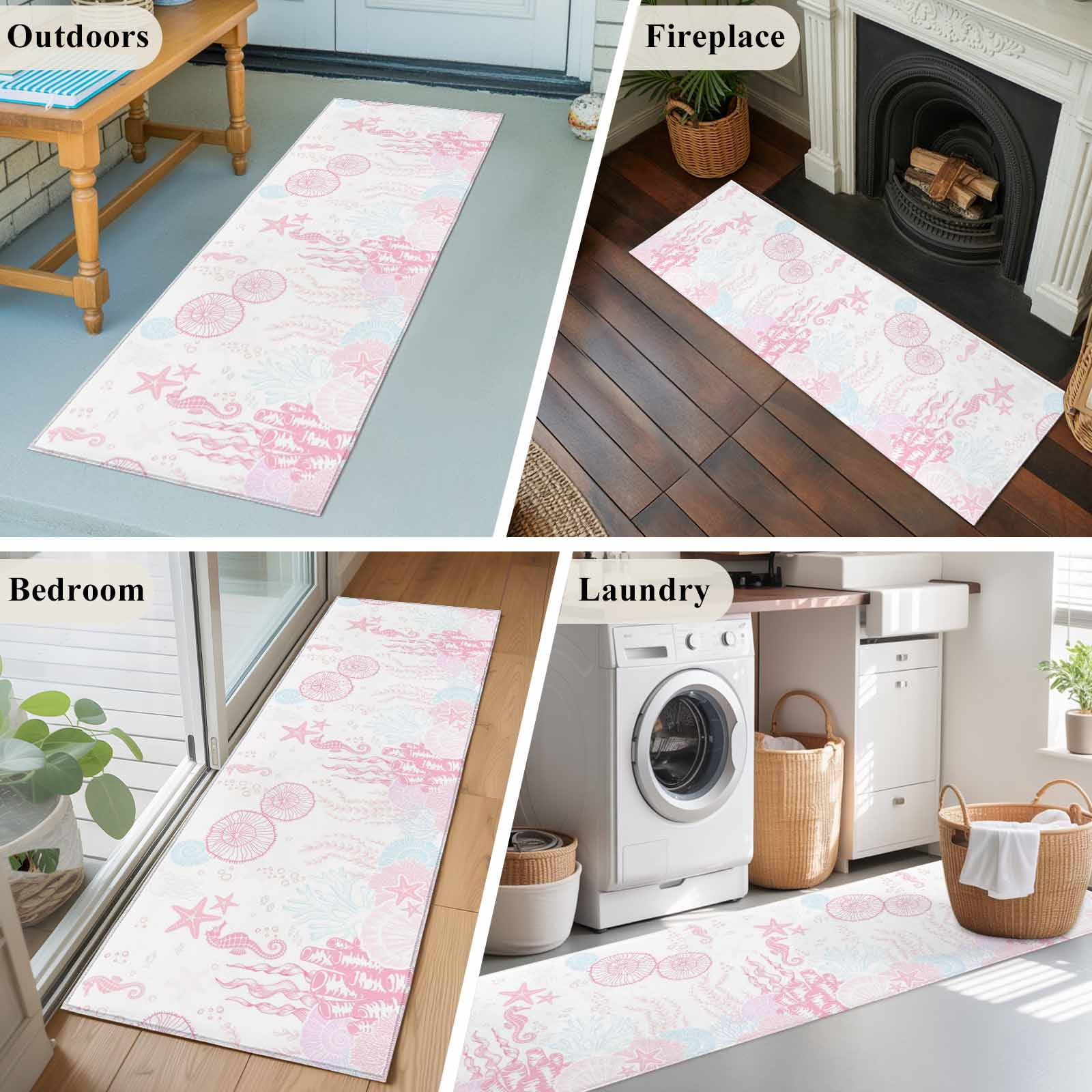 Kitchen Runner 2 x 6 Ft, Coastal Pink Non-Slip Residential Carpet, Ocean Coral Starfish Jellyfish Seahorse Indoor Crawling Mats Runner Rugs for Living Room/Dining Room/Bedroom