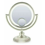 Conair Double-Sided Lighted Vanity Mirror; 1x / 10x Magnification, 15X Spot Fluorescent Makeup Mirror in Satin Nickel Finish