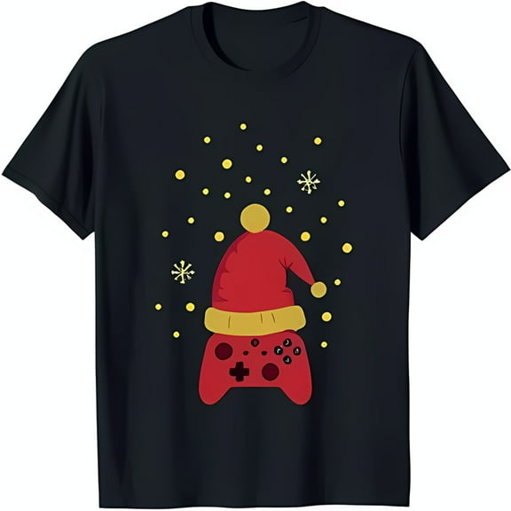 Funny Christmas T-Shirt: Red Game Controller in Santa Hat with Snowflakes