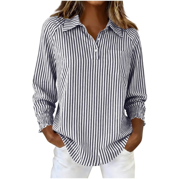 AUNVITO Women's Striped Button Down Shirt 3/4 Sleeve Classic Collar Office Casual Comfort Fit
