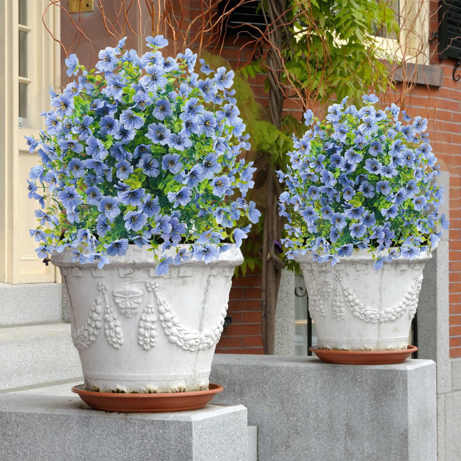 Artificial Flowers with Ground Spikes, Garden Stake Faux Greenery Shrubs 24" Garden Accessories for Farmhouse Outdoor Outside Garden Porch Patio Wedding Party Decoration Blue 2pcs