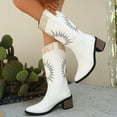 thumbnail image 3 of Embroidery Knee High Cowboy Boots Women Stacked Heel Splice Leather Wide Calf Pull on Long Cowgirl Booties, 3 of 7